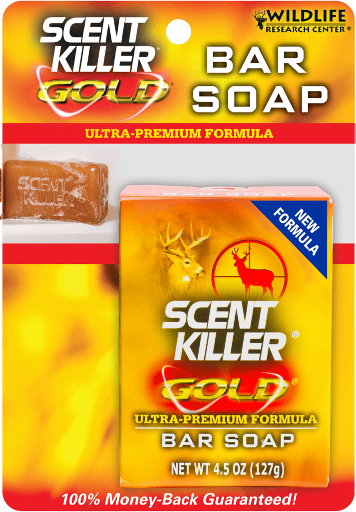 Scent Killer Gold bar soap packaging with a deer illustration on a white background
