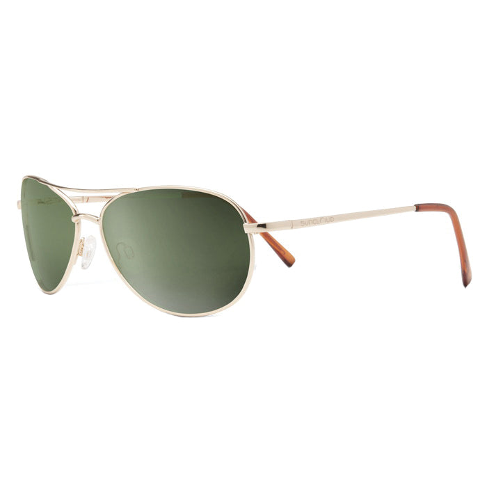 Gold-framed sunglasses with green lenses on a white background