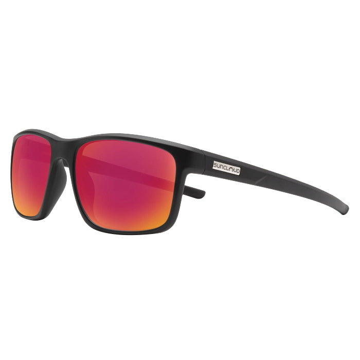 Sunglasses with black frame and red-orange lenses on a white background