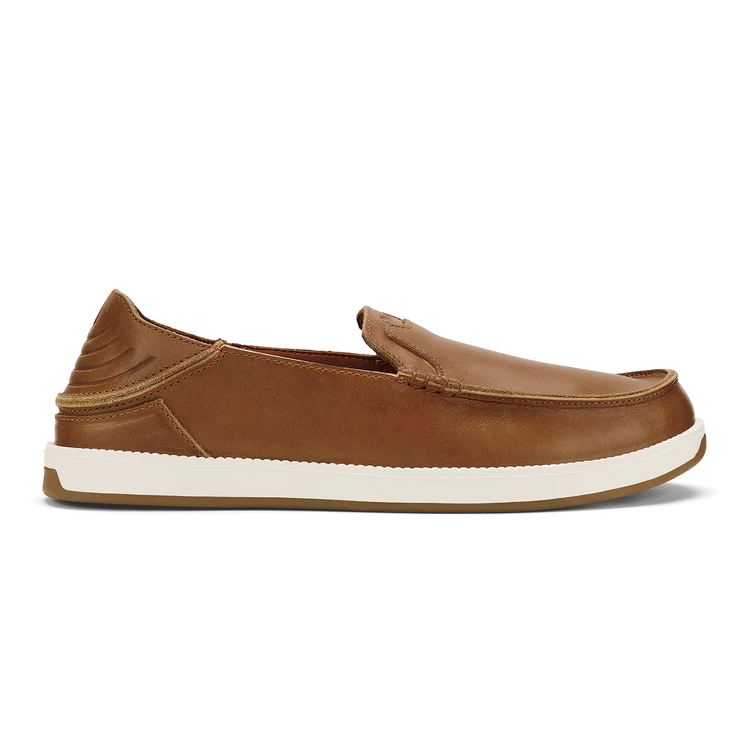 Brown slip-on shoe with white sole on a white background