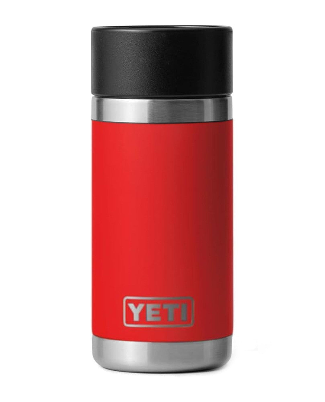 Red YETI insulated mug with black lid on a white background