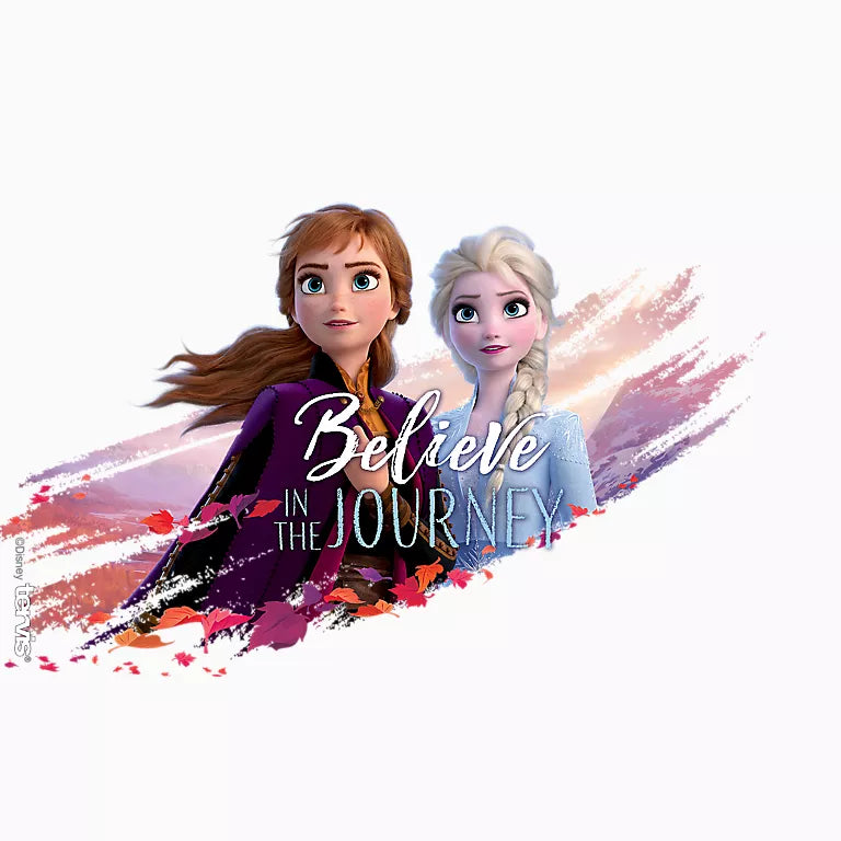 Two animated characters with 'Believe in the Journey' text on a colorful background