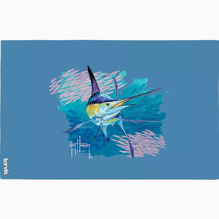 Artistic depiction of a marlin on a blue background