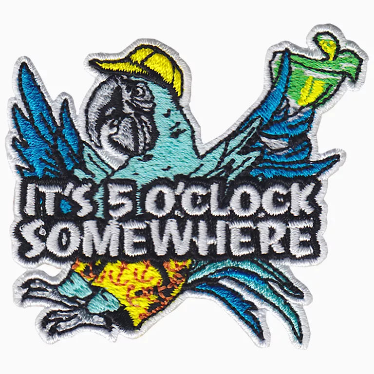 Embroidered patch with a parrot and text 'It's 5 o'clock somewhere' on a white background