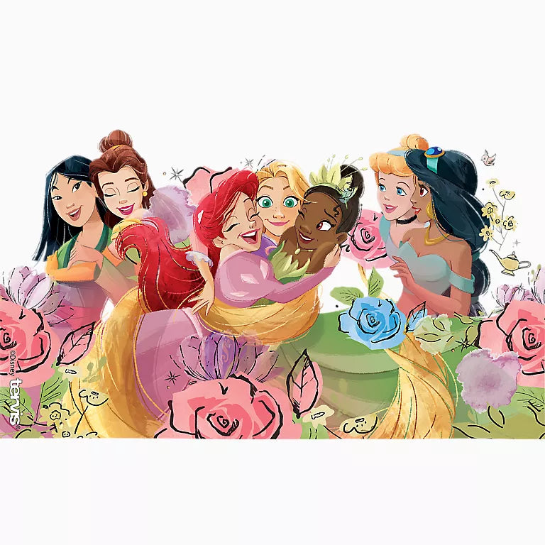 Illustration of Disney princesses surrounded by flowers on a white background