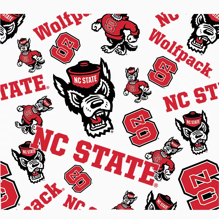 Pattern of NC State logos and mascots on a white background