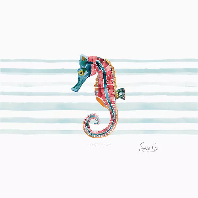 Colorful seahorse illustration on a striped background