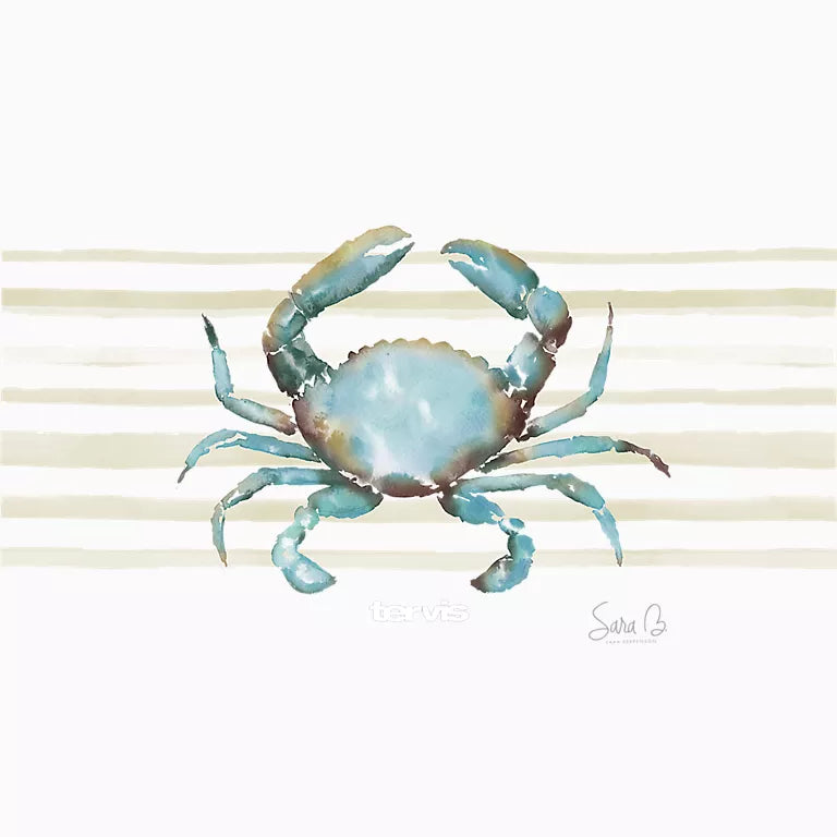 Blue crab illustration on a striped background