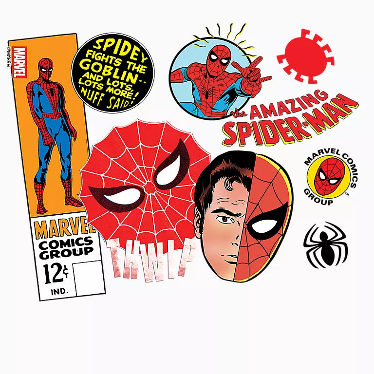 Collection of Spider-Man themed items including a comic book cover, mask, and stickers on a white background.