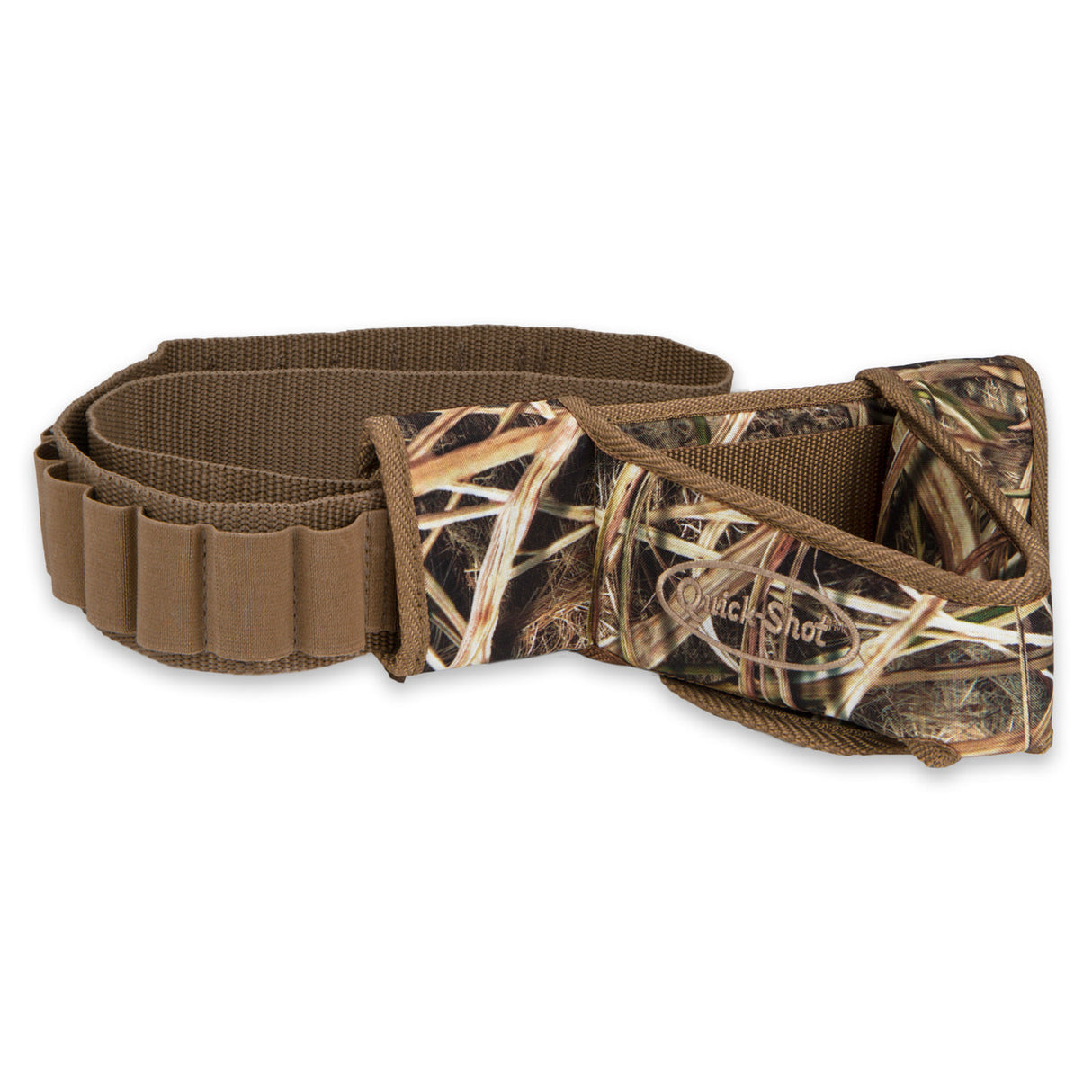 Camo-patterned hunting belt with multiple pouches on a white background