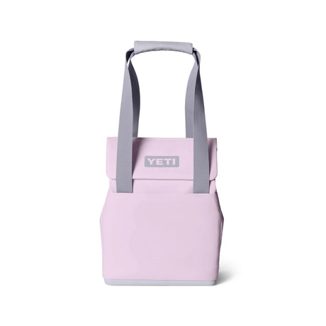 Pink tote bag with gray handles and YETI logo on a white background