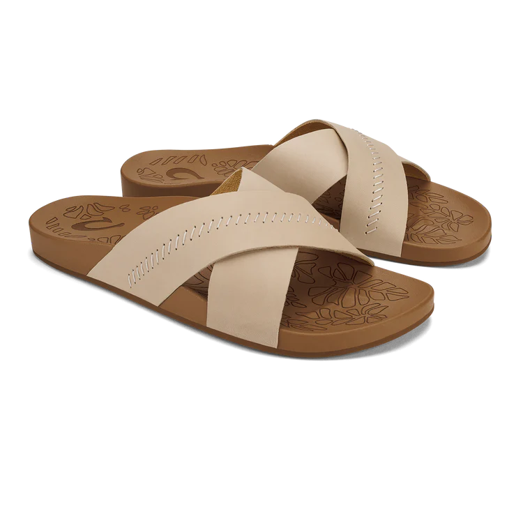 Beige sandals with brown soles on a white background