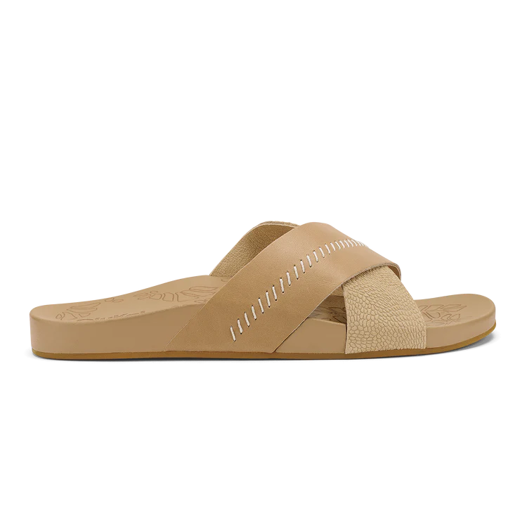 Beige sandal with criss-cross strap design on a white background