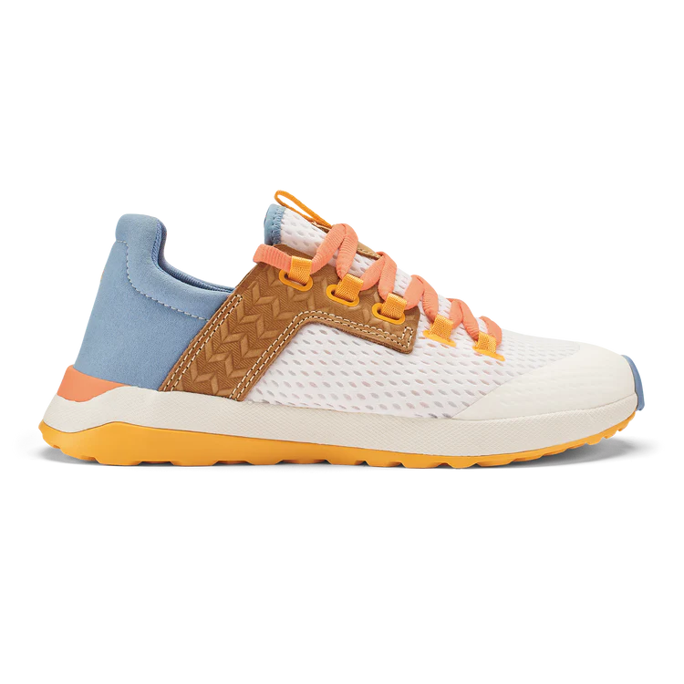 Multicolored sneaker with white, orange, blue, and brown accents on a white background