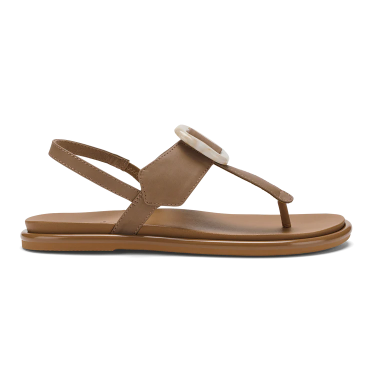 Brown sandal with a white circular accent on a white background