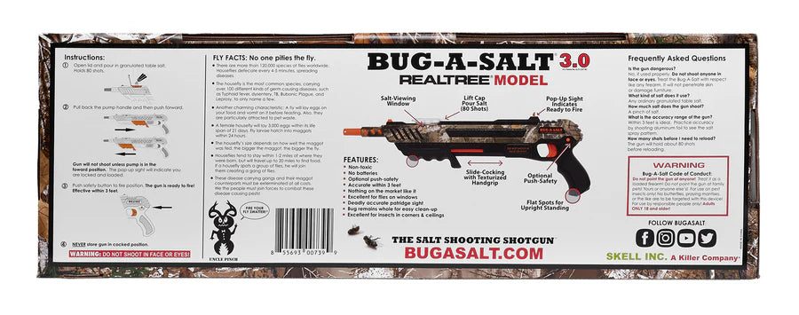 Product packaging for 'Bug-A-Salt 3.0' with text and graphics on a white background