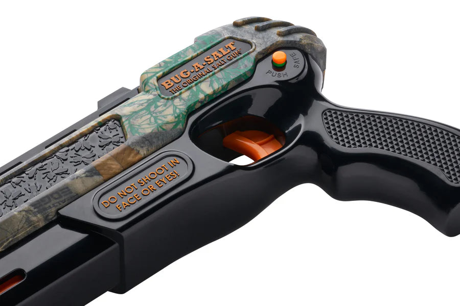 Close-up of a gun with 'Bug-A-Salt' branding on a white background