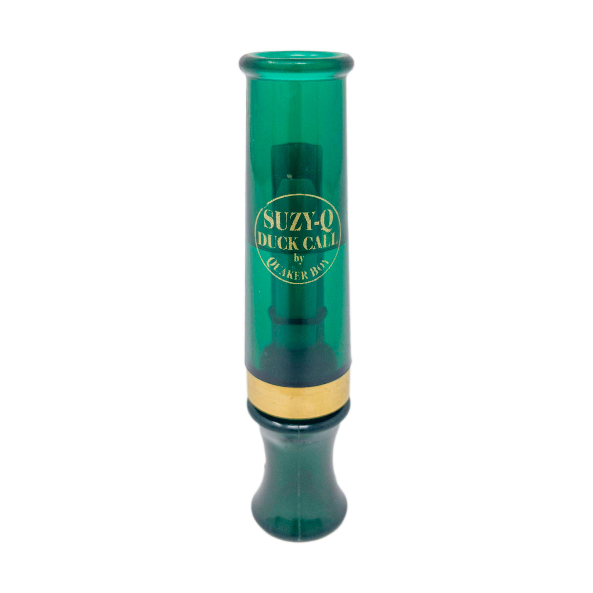 Green duck call with 'Suzy-Q' branding on a white background