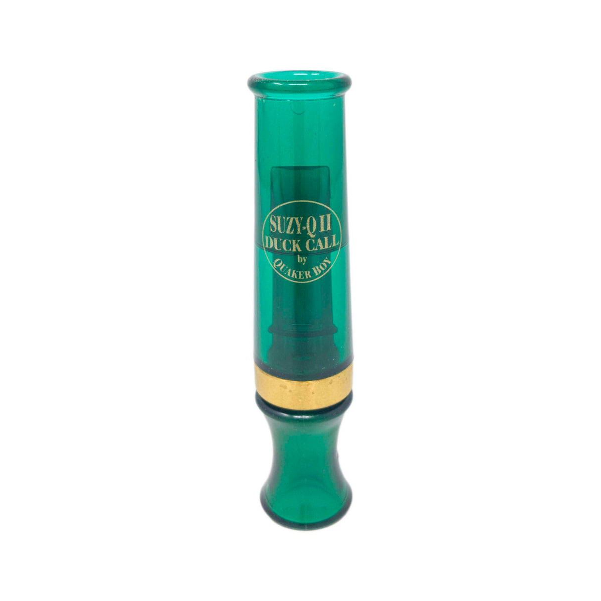 Green duck call with 'Suzy-Q II Duck Call' text on a white background