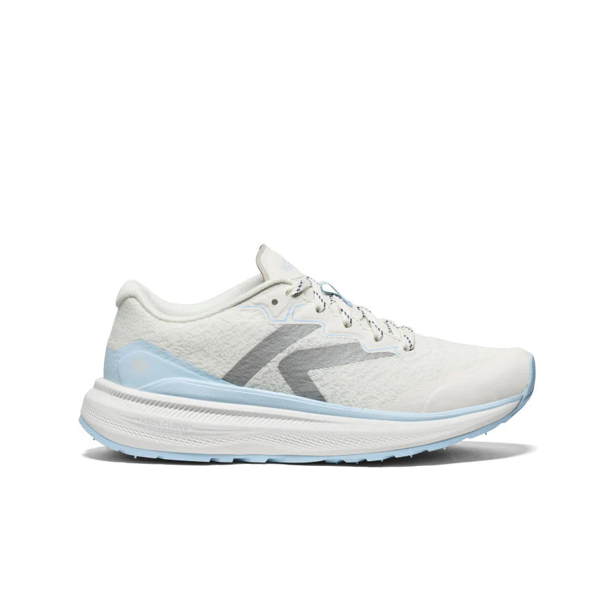 White and light blue running shoe on a white background