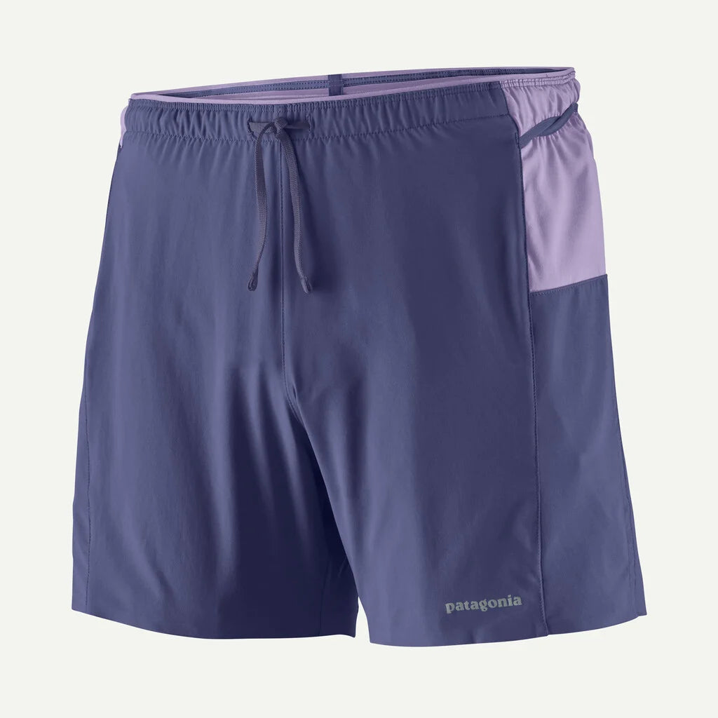 Purple shorts with a small pocket and drawstring on a white background