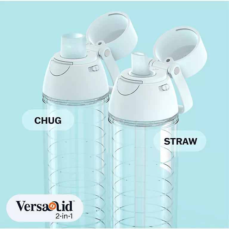 Two clear water bottles with Chug and Straw labels on a light blue background, featuring the VersaOid brand.