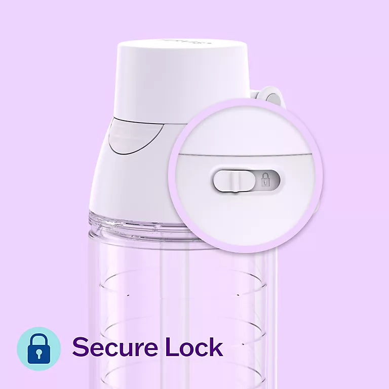 White water bottle with clear base on a light purple background, featuring a 'Secure Lock' icon.