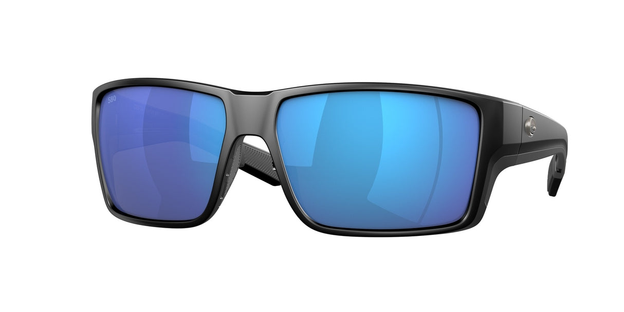 Sunglasses with blue reflective lenses and black frame on a white background