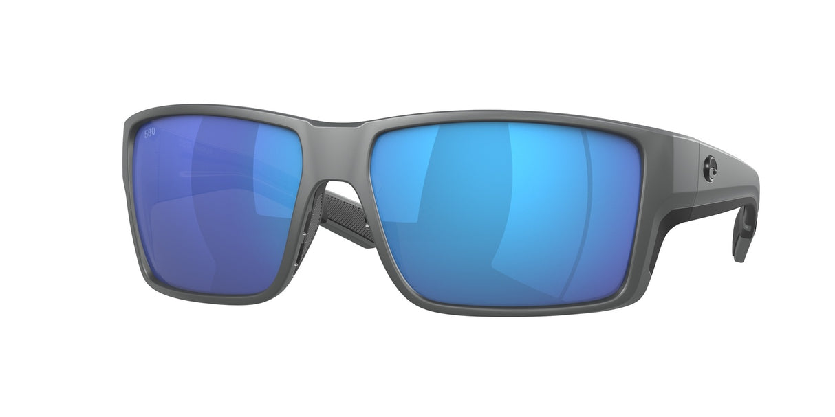 Sunglasses with blue reflective lenses and gray frame on a white background