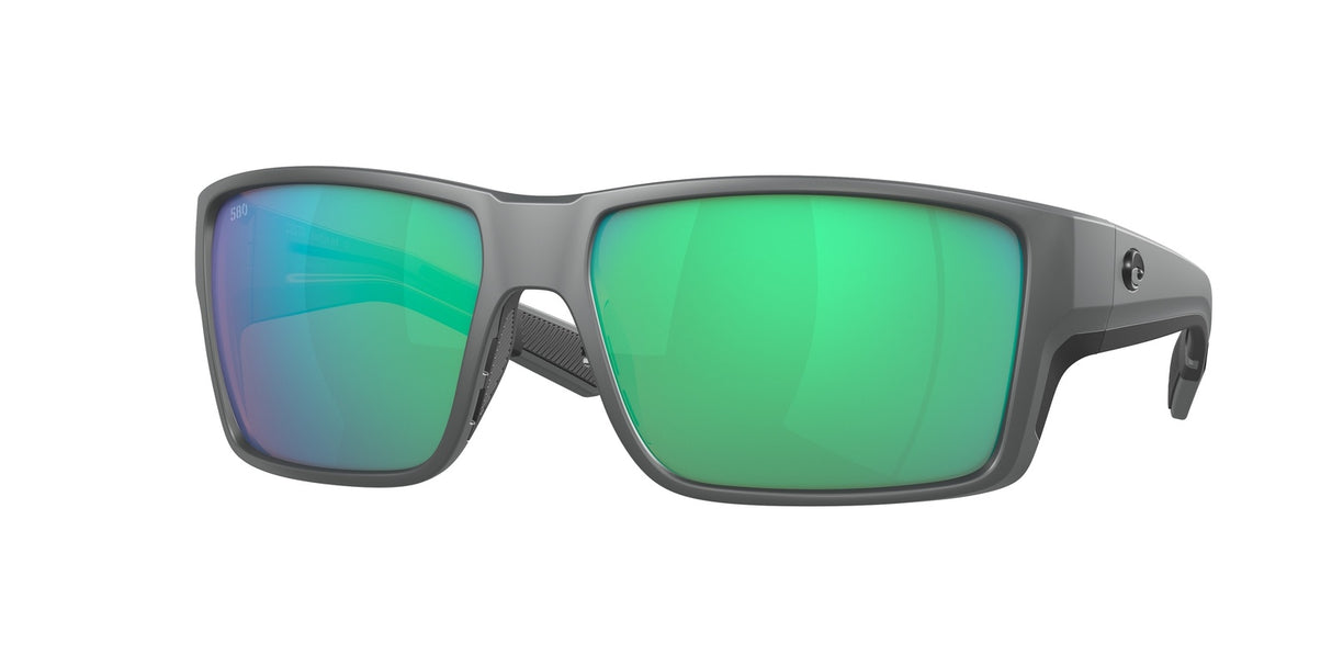 Sunglasses with green reflective lenses and gray frame on a white background