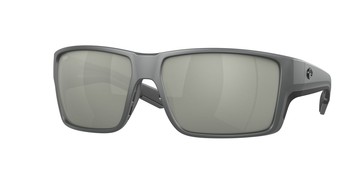 Gray sunglasses with a reflective lens on a white background