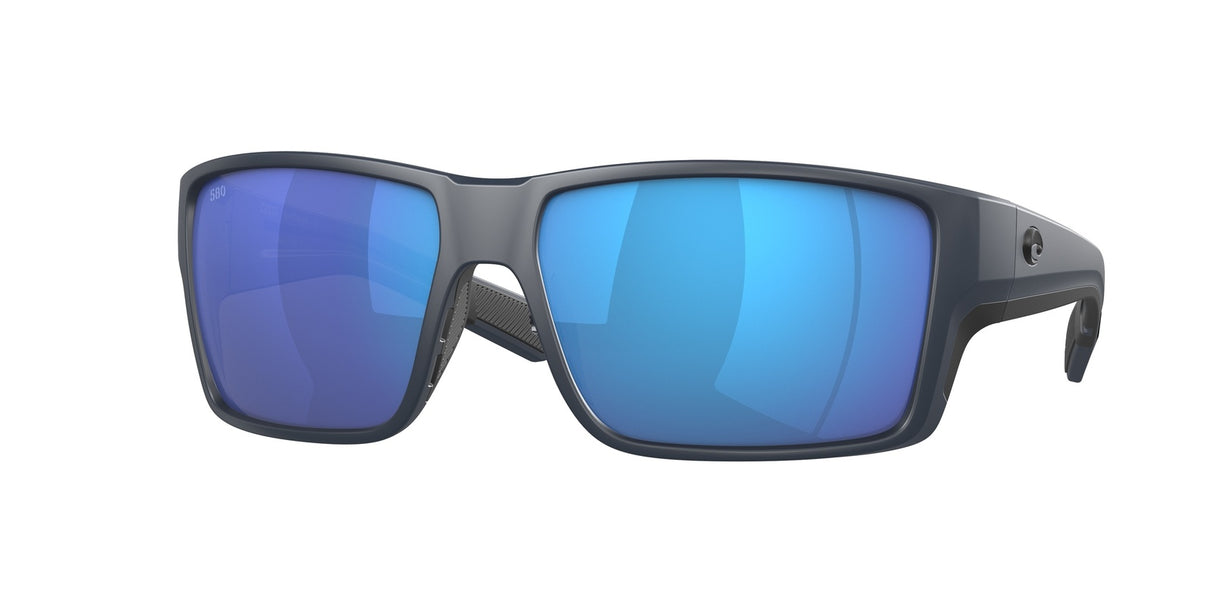 Sunglasses with blue reflective lenses on a white background