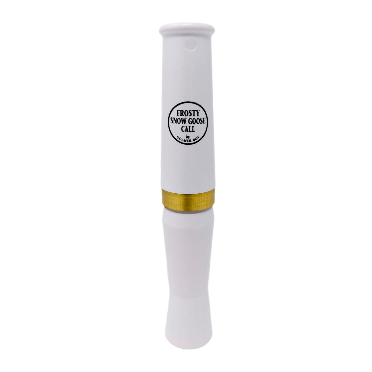 White goose call with gold accent and 'Frosty Snow Goose Call' text on a white background