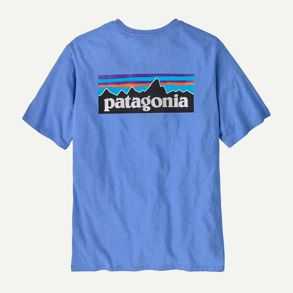 Blue t-shirt with Patagonia logo on a white background