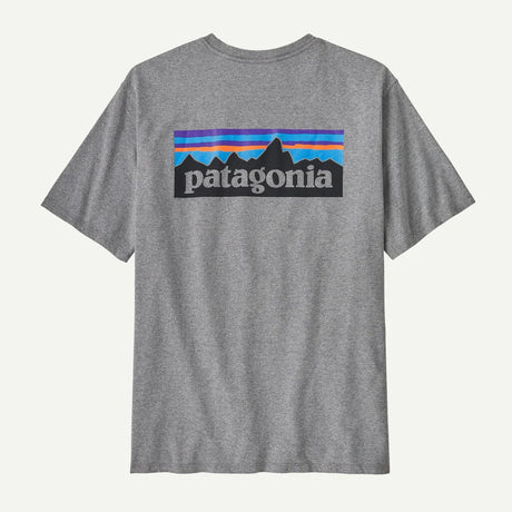 Gray t-shirt with Patagonia logo on a white background
