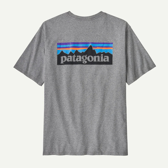 Gray t-shirt with Patagonia logo on a white background