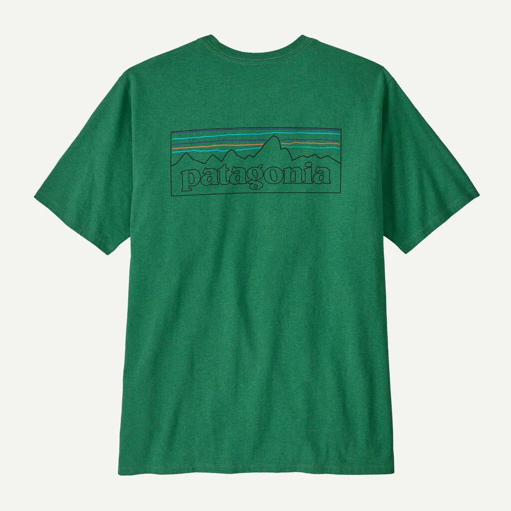 Green t-shirt with Patagonia logo on the back against a white background