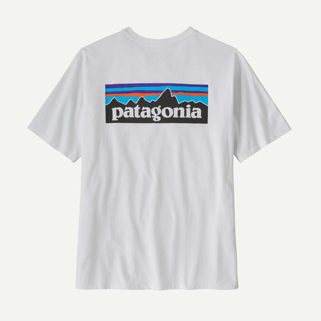 White t-shirt with Patagonia logo on a white background
