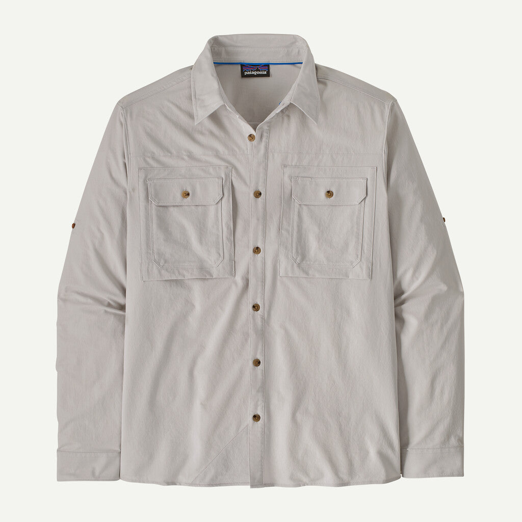 Light gray button-up shirt with two front pockets on a white background