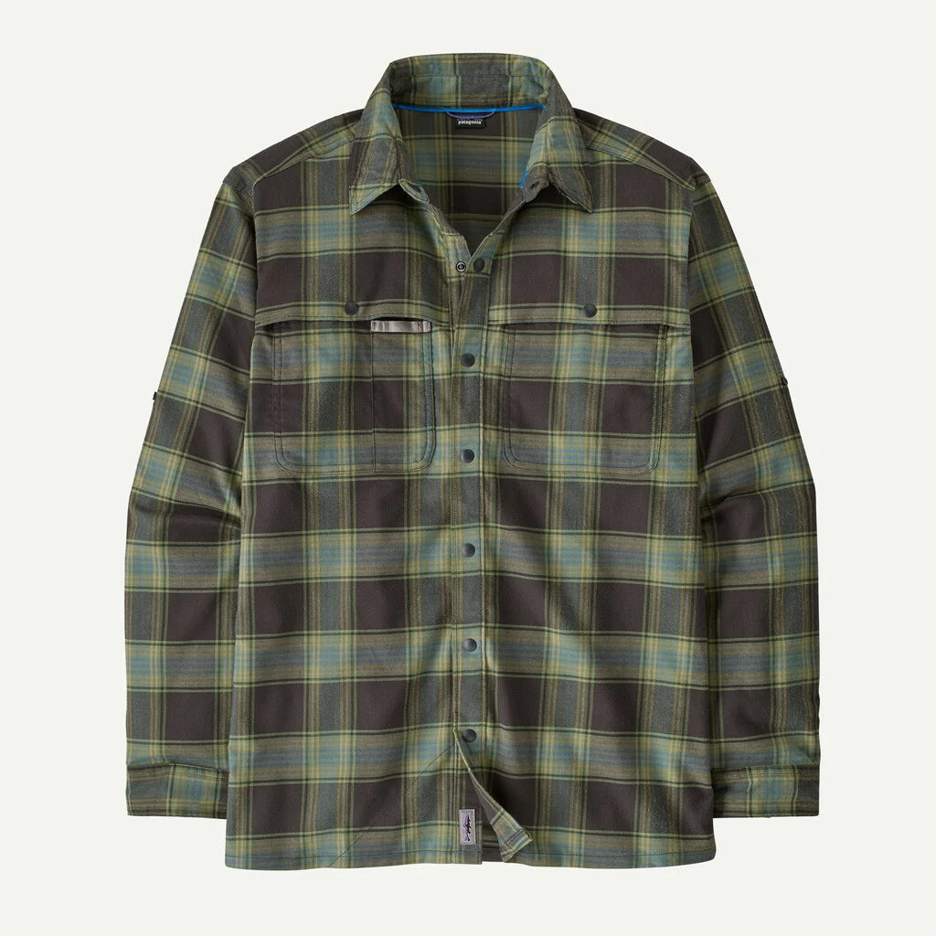 Plaid shirt with visible brand logo on a light gray background