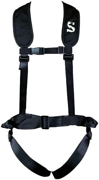 Black safety harness with multiple straps on a white background