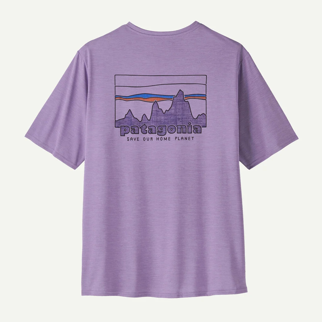 Purple t-shirt with Patagonia logo and mountain graphic on a white background