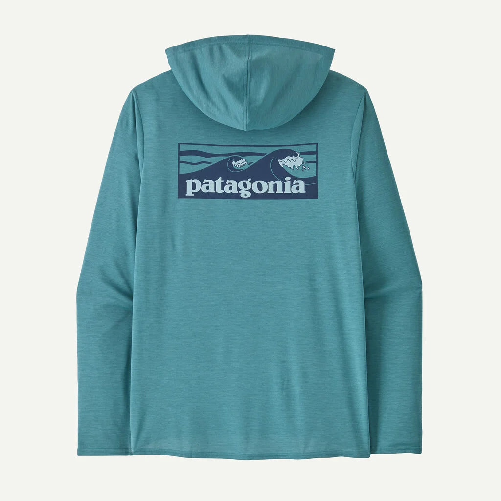 Teal hoodie with Patagonia logo on the back against a white background