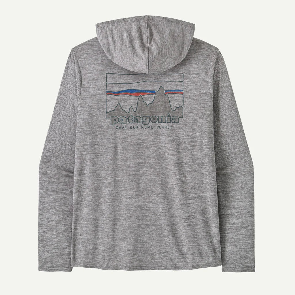 Gray hoodie with Patagonia logo on the back against a white background