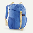 Blue backpack with beige straps on a white background