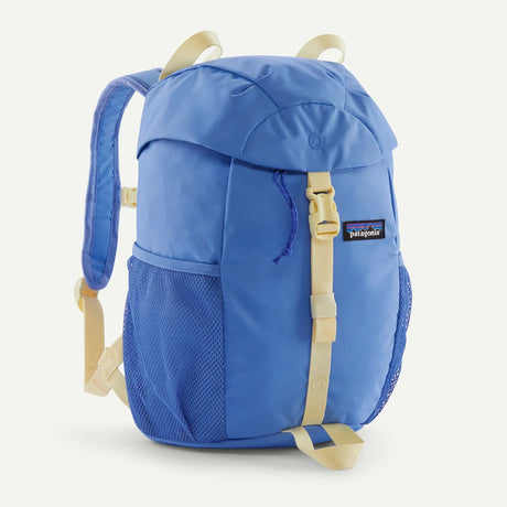 Blue backpack with beige straps on a white background