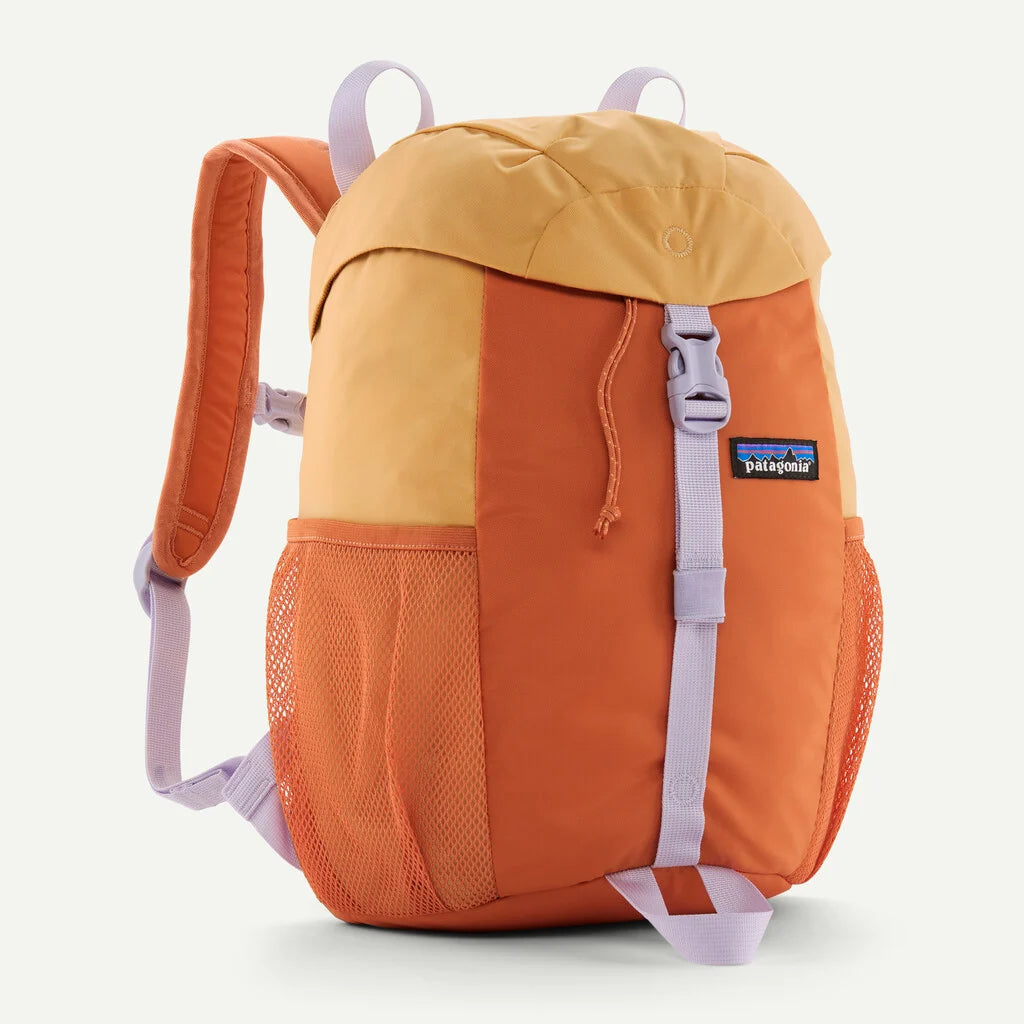 Orange and yellow backpack with Patagonia logo on a white background