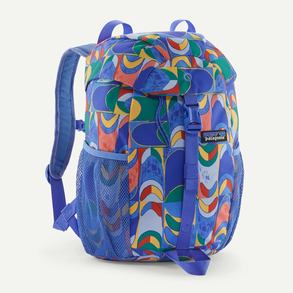 Colorful patterned backpack with a visible brand logo on a white background