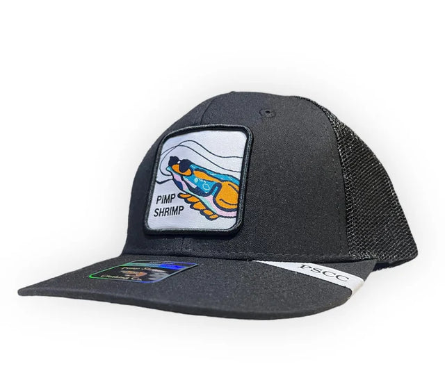 Black trucker cap with a colorful patch on a white background