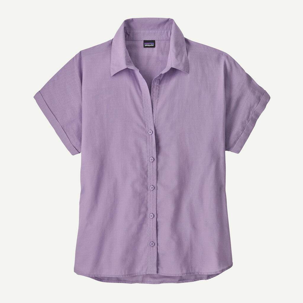 Purple short-sleeve button-up shirt on a light gray background